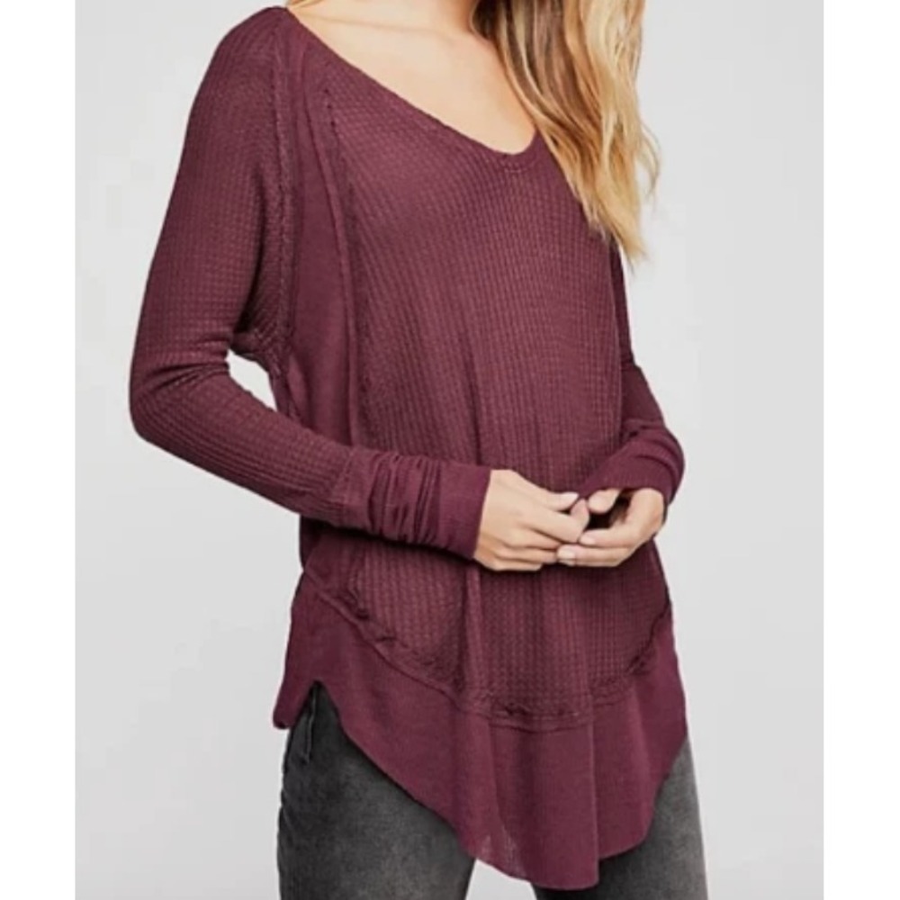 NWT Free People We The Free Laguna Raw Edge Thermal Waffle Knit Top XS Plumberry